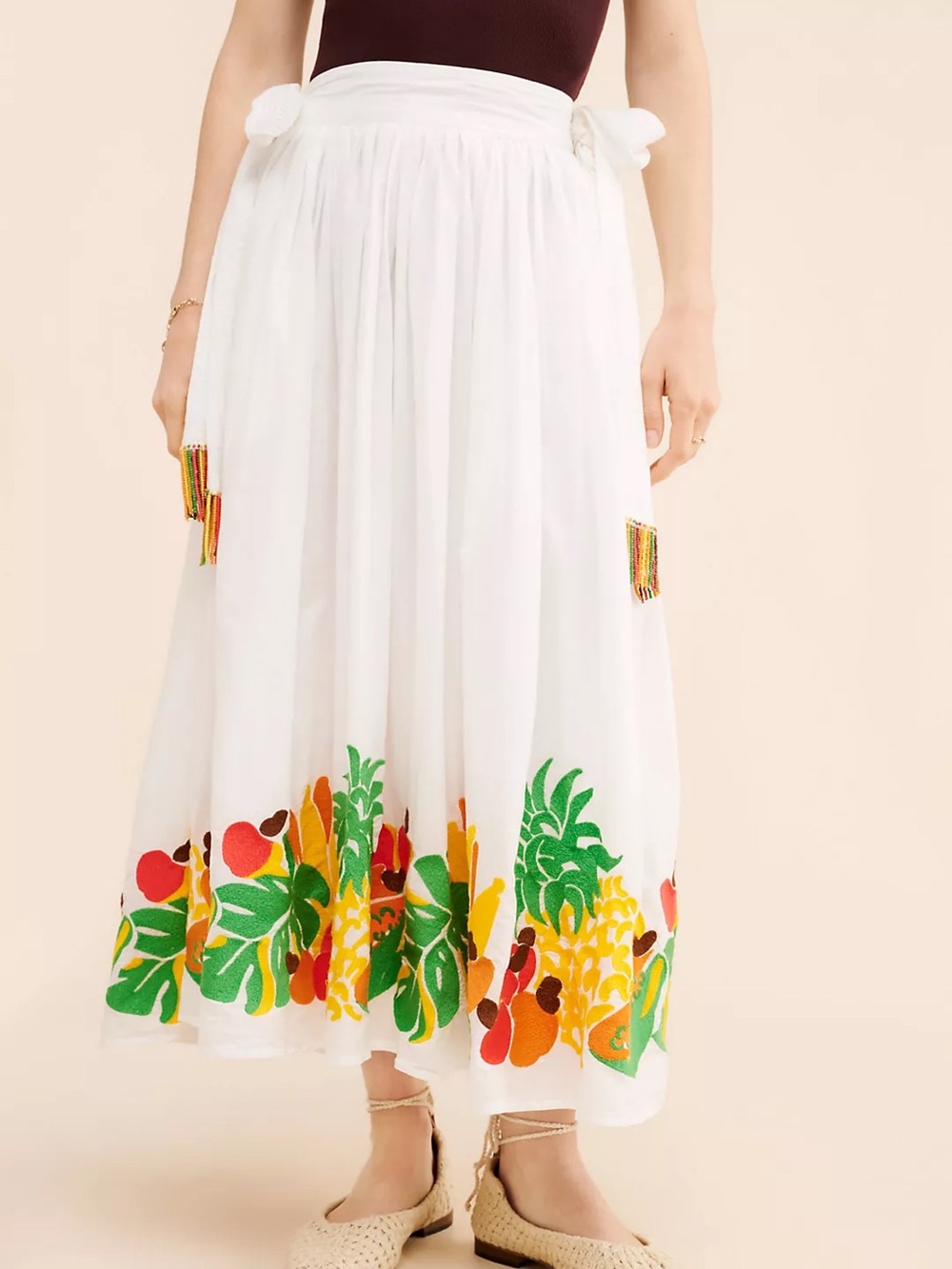 FARM Rio 100% COTTON White Maxi Skirt with Tropical Hem